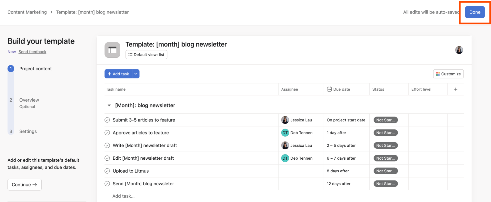 Review of a template in Asana with the done button highlighted.