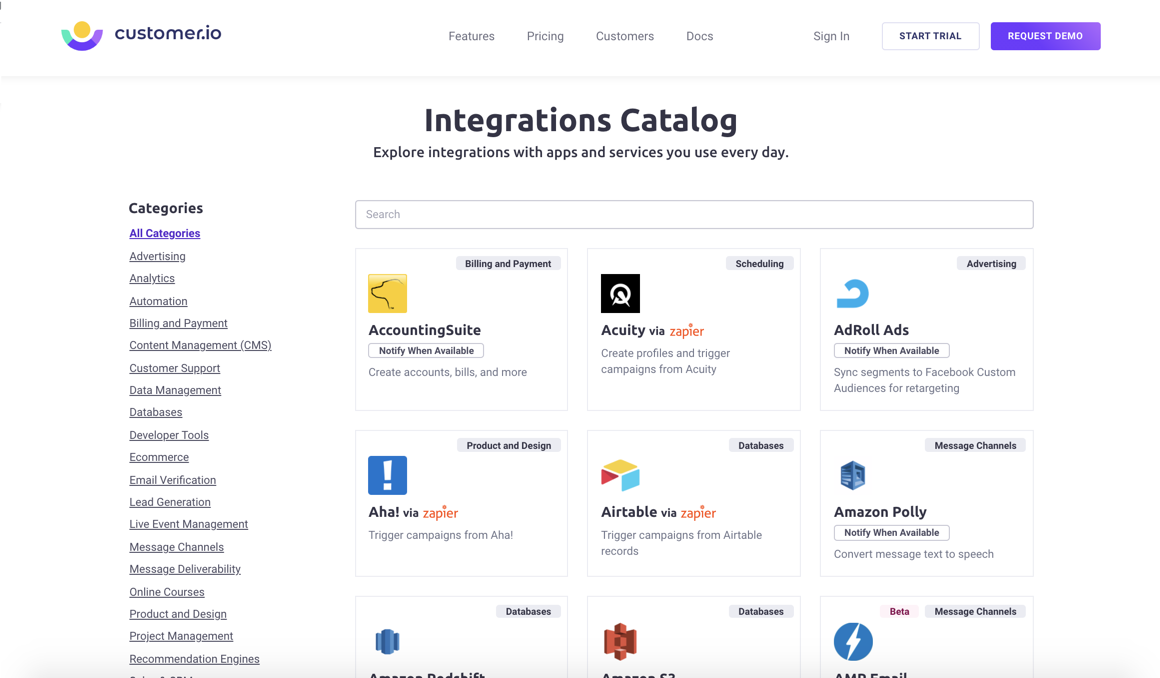 A list of popular apps shown on Customer.io's logged out view of the integrations catalogue.