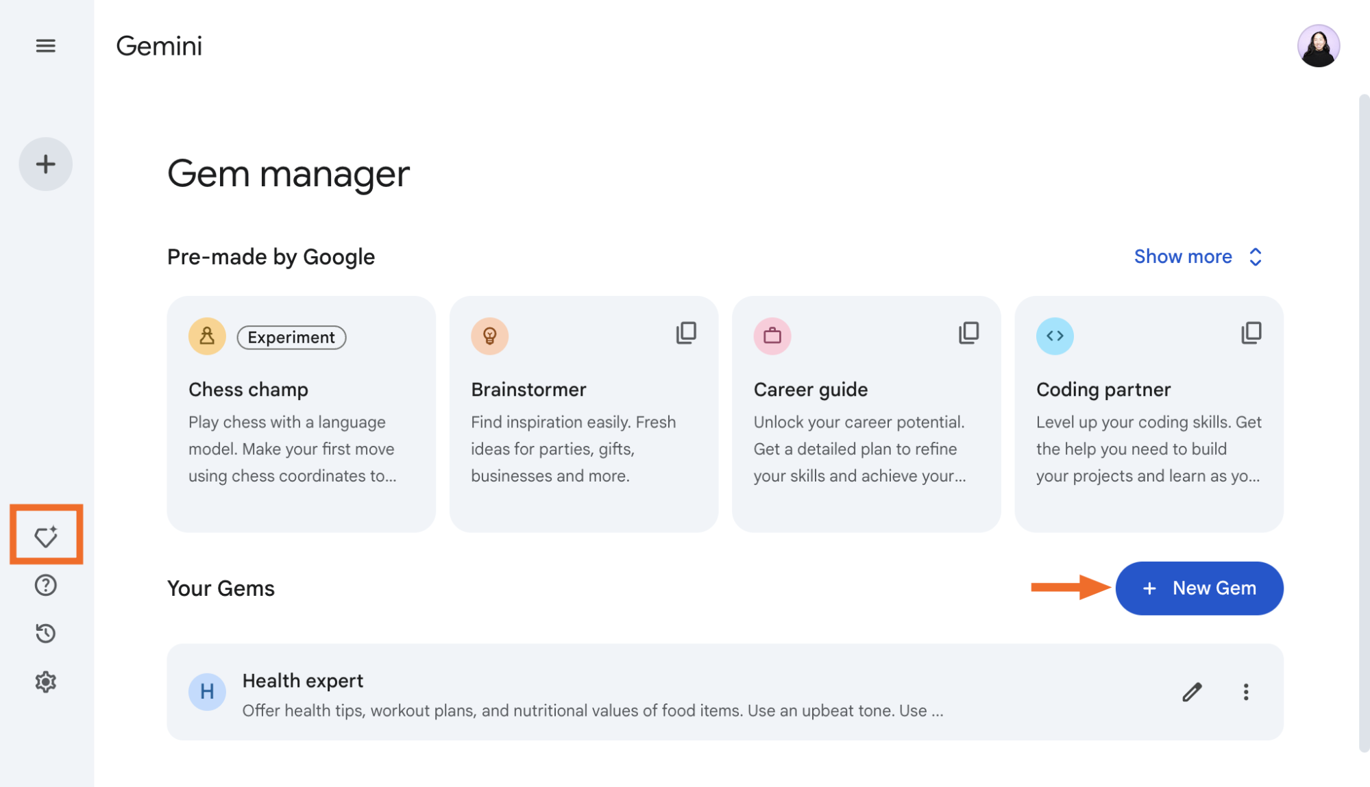 Gemini Gem manager with an arrow pointing to the option to create a new Gem. 