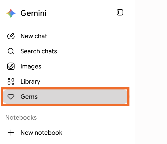 Gemini with the side panel open and an arrow pointing to Gems.