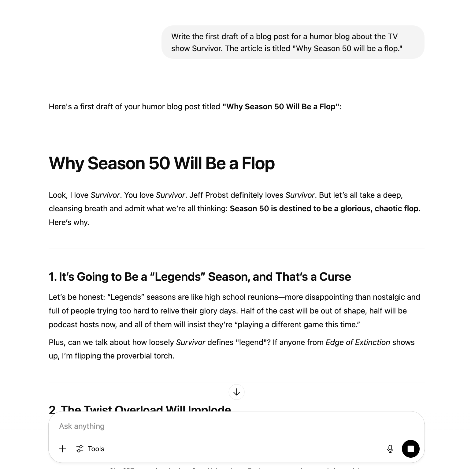 ChatGPT generating the first draft of a blog post