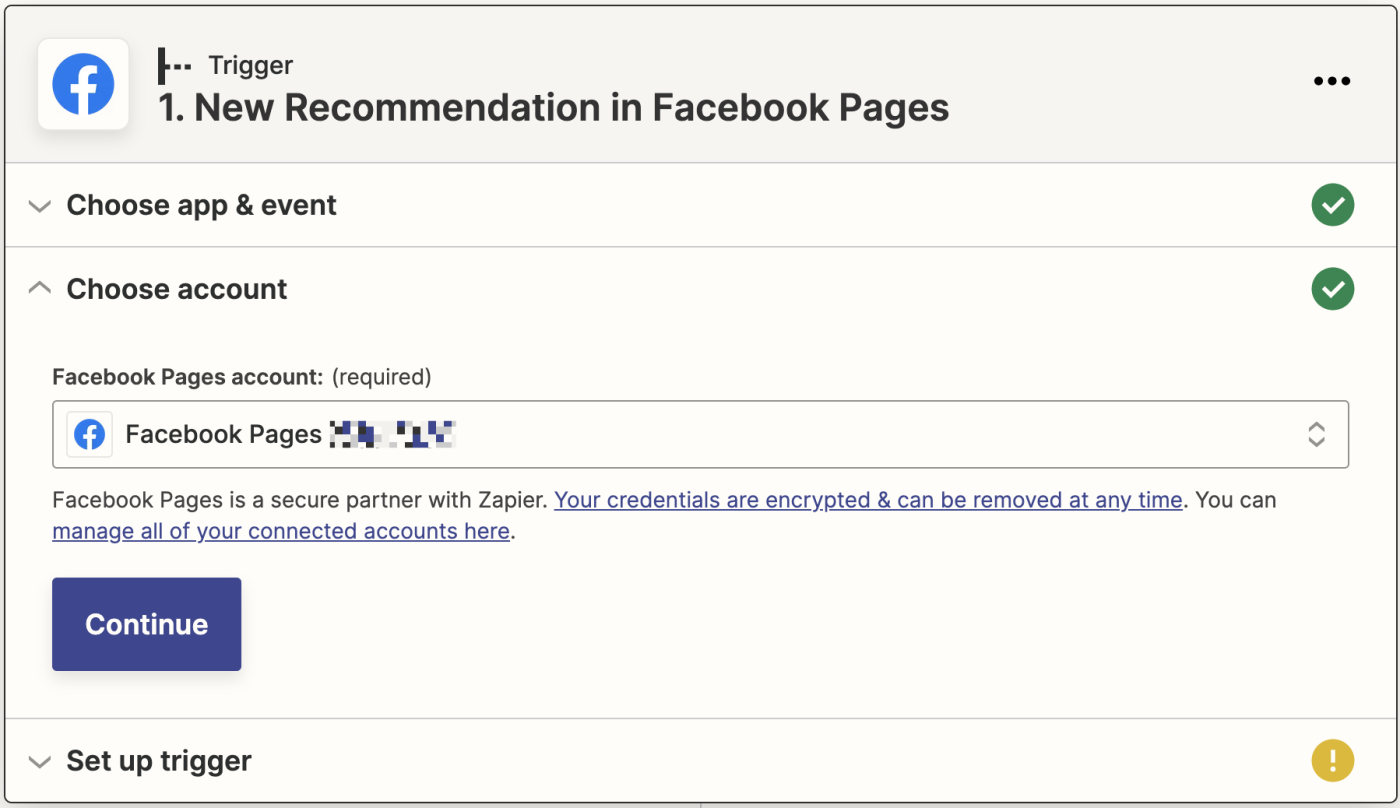 A dropdown menu labeled "Facebook Pages account" with a Facebook account selected. 