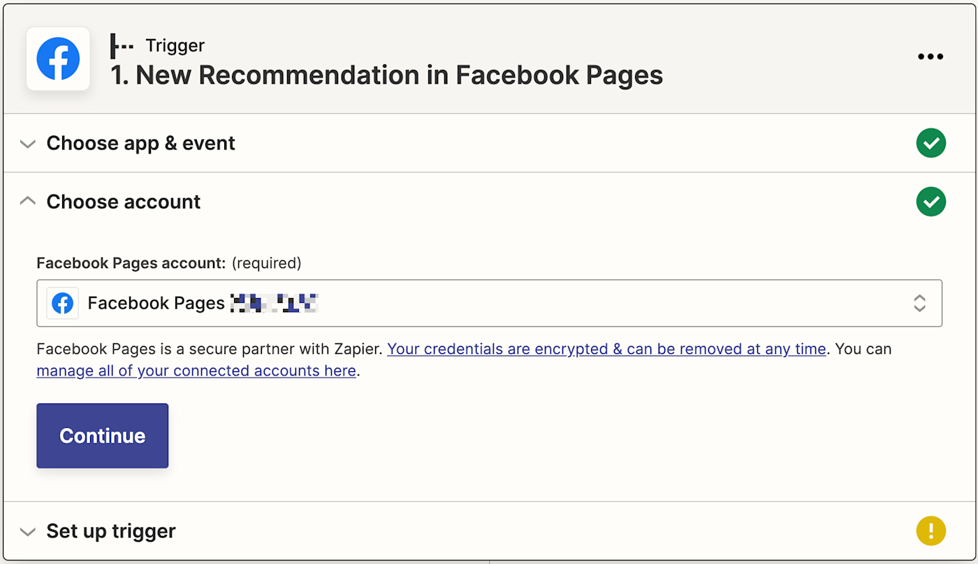 A dropdown menu labeled "Facebook Pages account" with a Facebook account selected. 