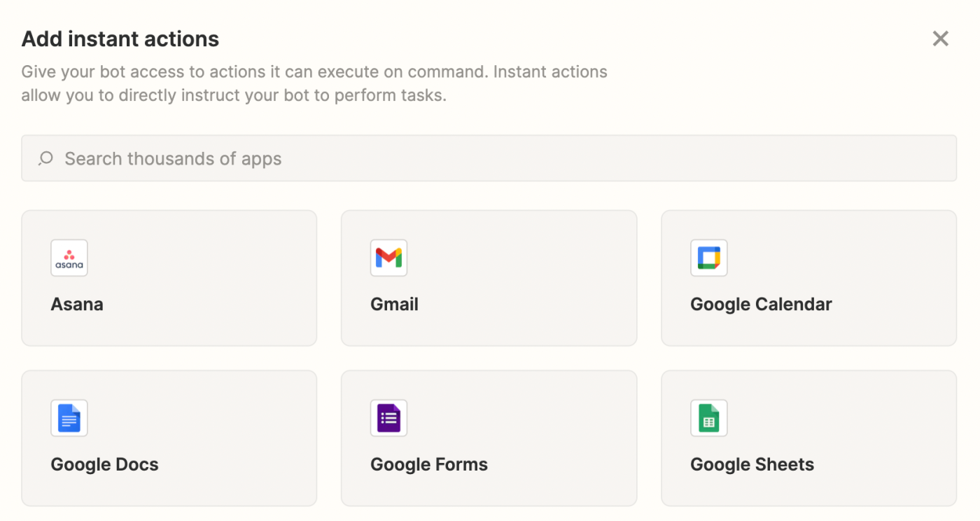 The Instant actions options in Zapier Central.