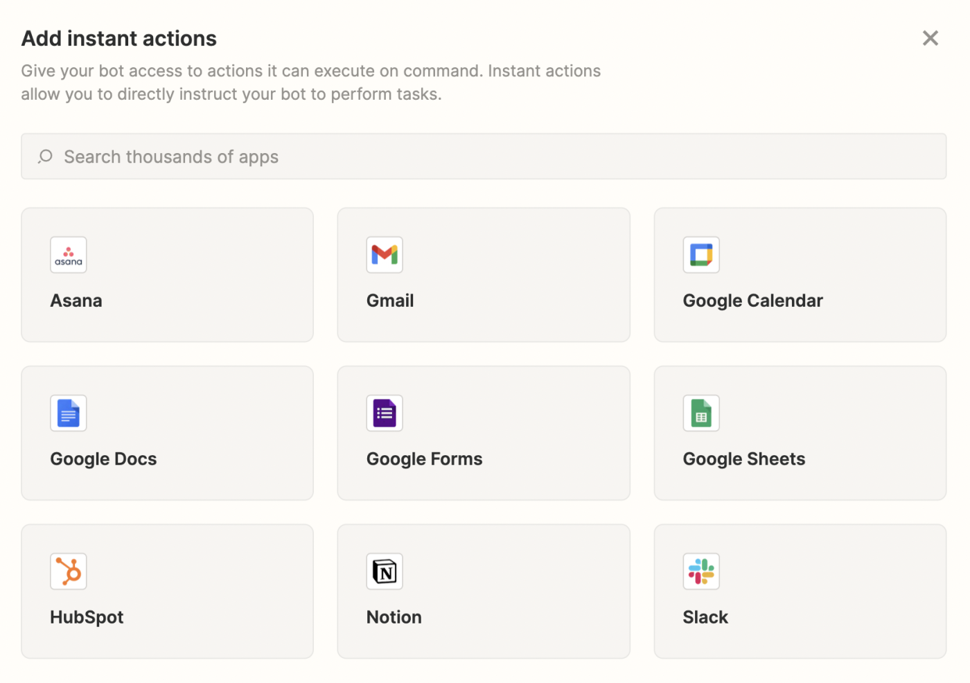 The Instant actions options in Zapier Central.