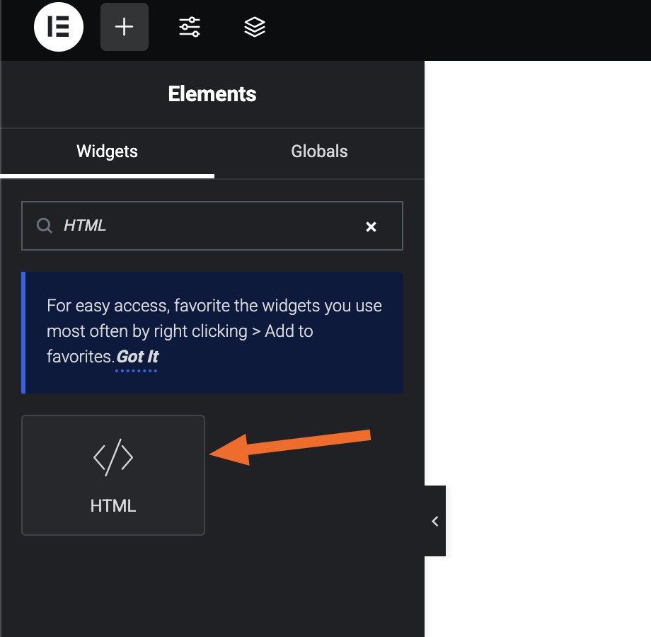 Screenshot of the HTML widget in WordPress