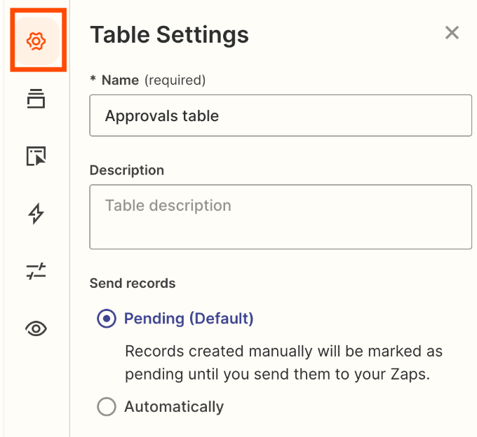 Screenshot of table settings