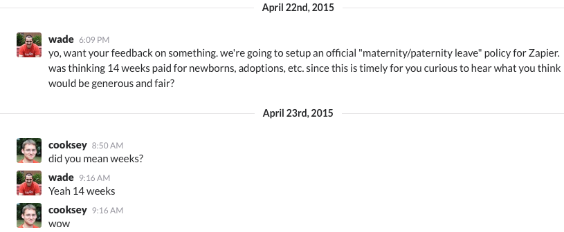 Slack conversation regarding parental leave