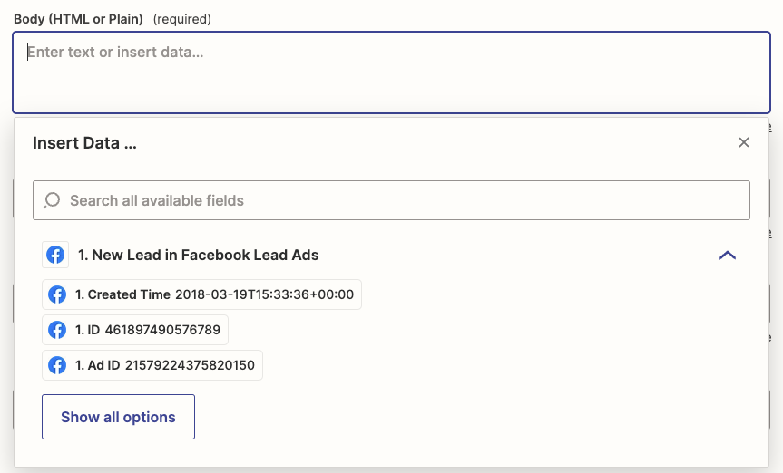 A cursor shown in the Body field with a dropdown menu opened with data from Facebook Lead Ads.