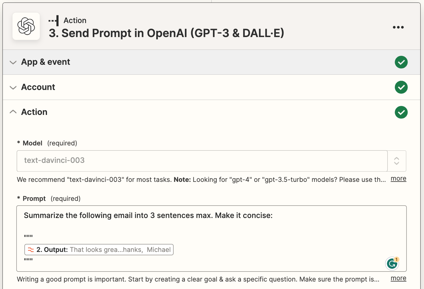 An OpenAI action step in the Zap editor with a prompt added to the Prompt field.