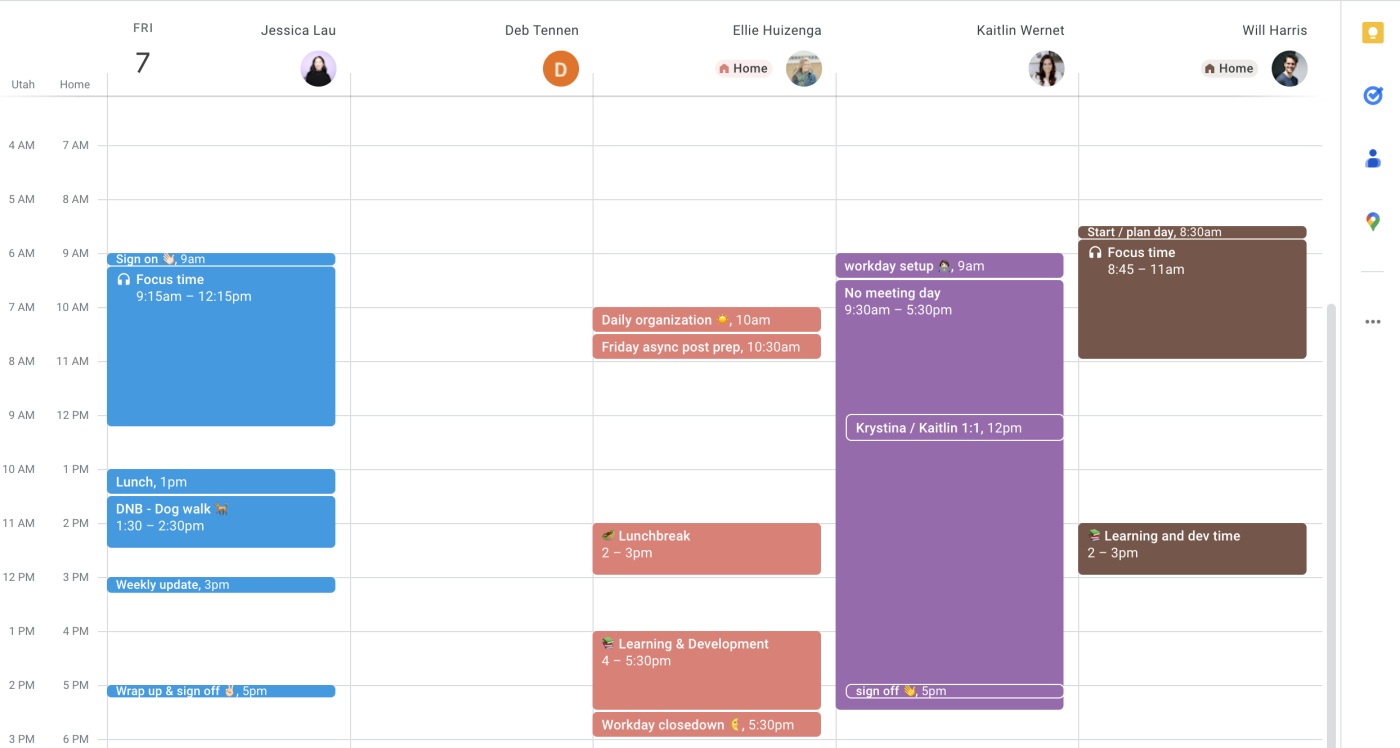 Five day-view calendars displayed side by side in Google Calendar. 