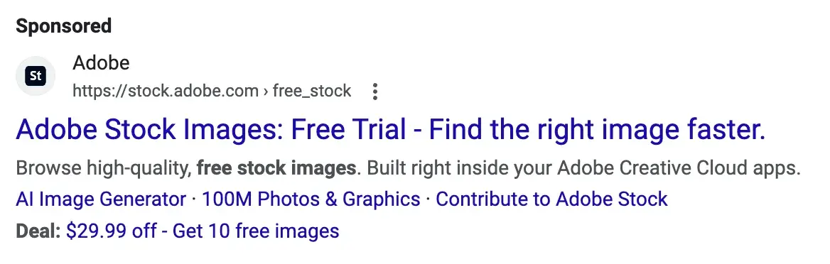 Screenshot of an Adobe ad on Google Search that says "Adobe stock images: Free trial - find the right image faster" 