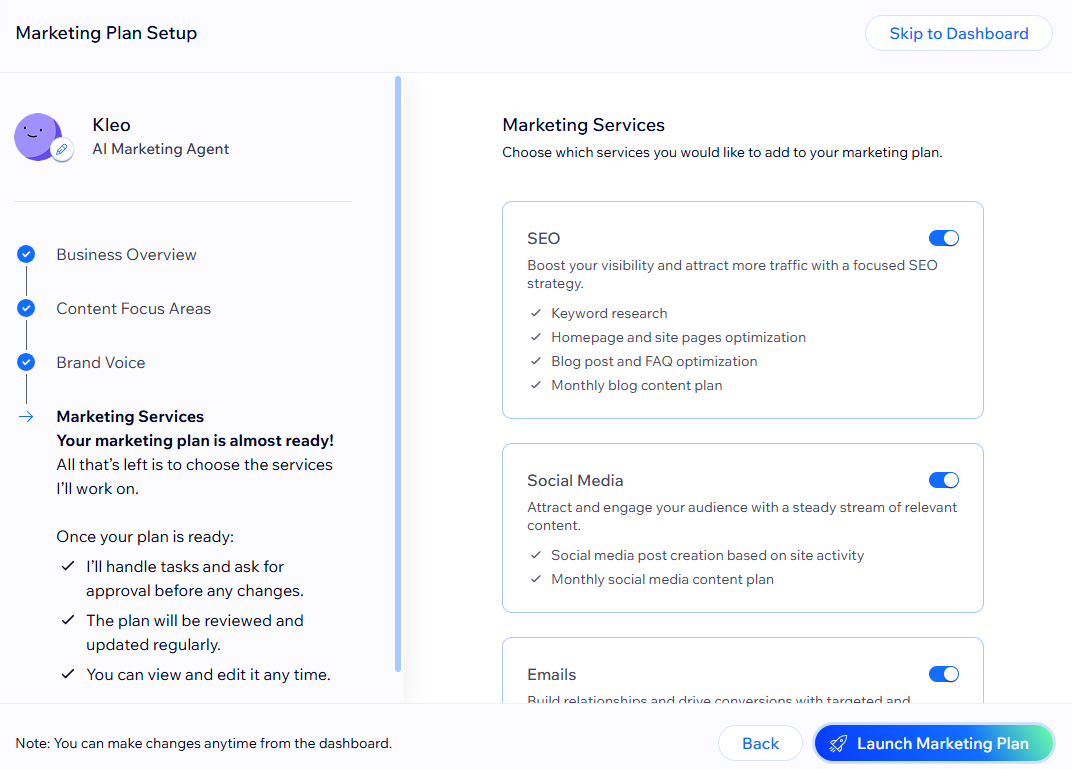 Setting up a marketing agent on Wix