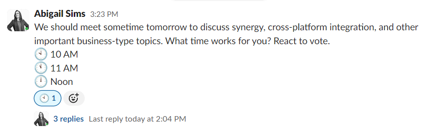 Screenshot of Slack message with replies