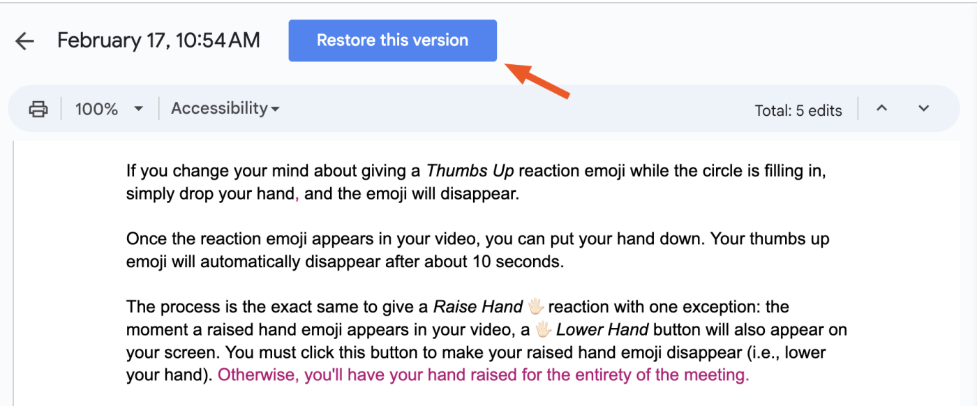A previous version of a Google Doc with an arrow pointing to a button with text that reads "Restore this version."