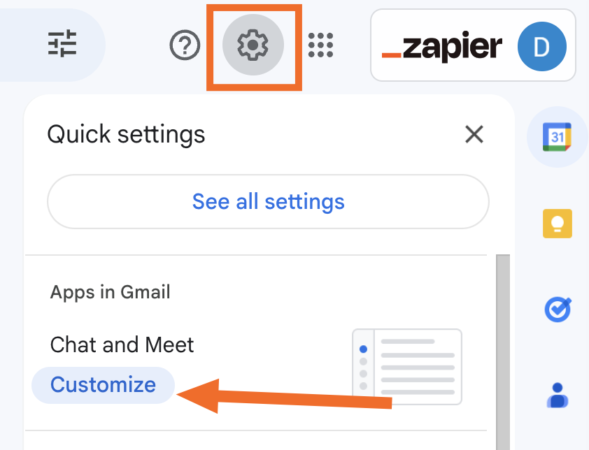 The customize button in Gmail quick settings