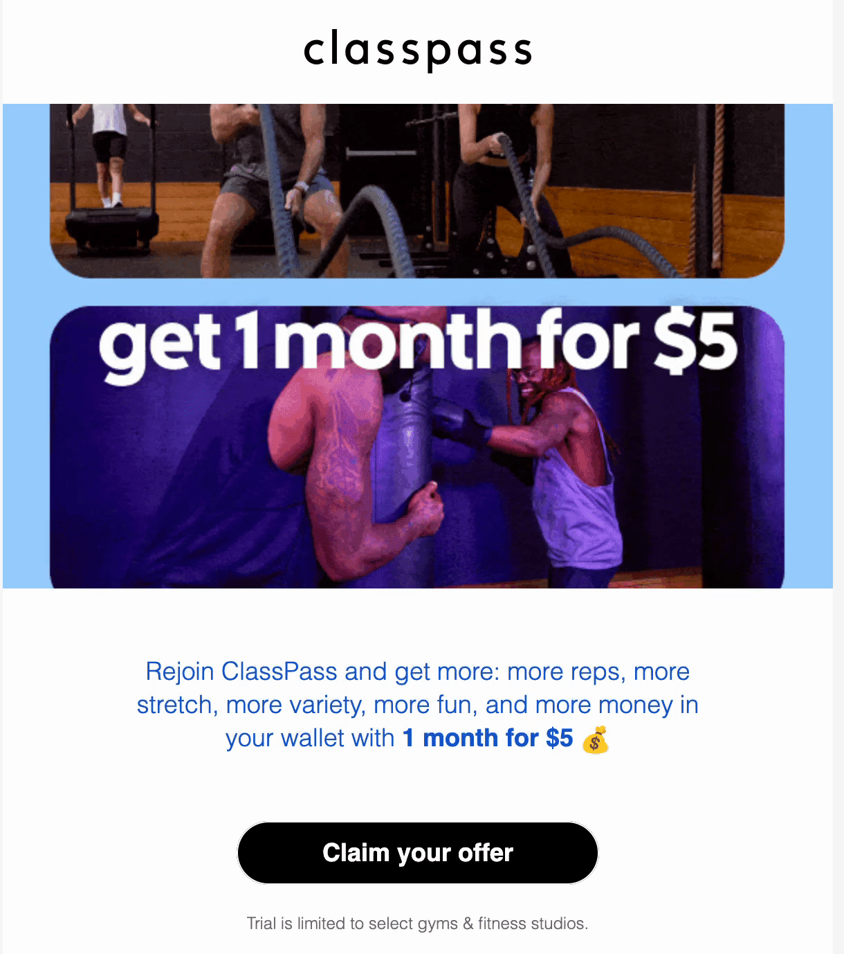 Re-engagement email marketing example from the fitness membership app ClassPass. 