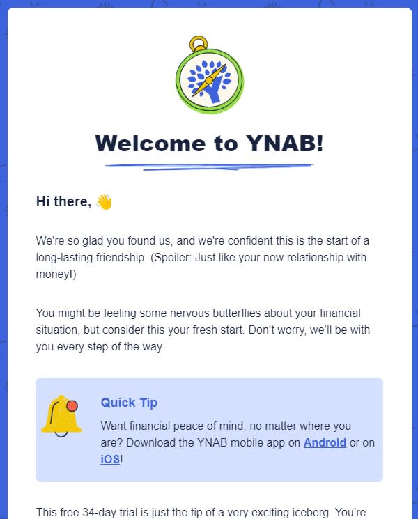 Welcome email from YNAB