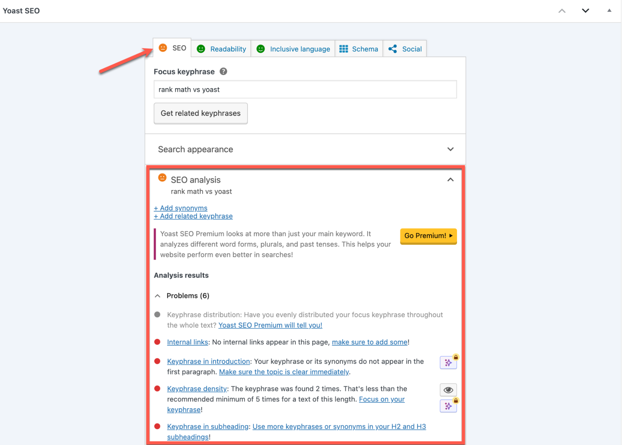Yoast optimization notifications on individual pages