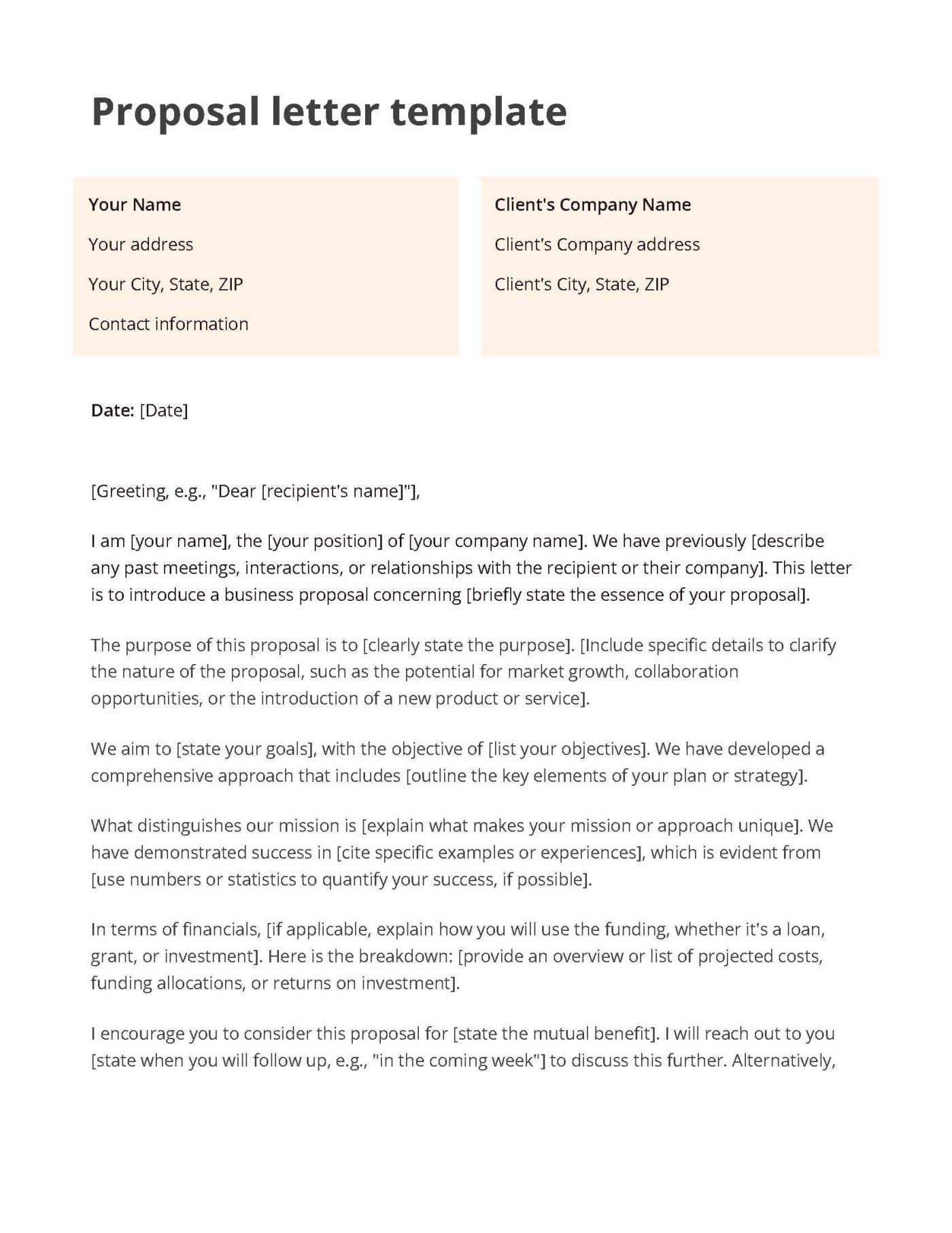 Orange and white proposal letter template including an overview of the benefits and value proposition