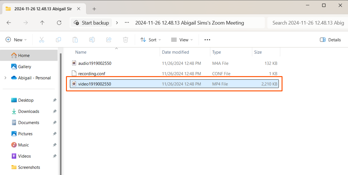 Screenshot of MP4 file in Zoom folder