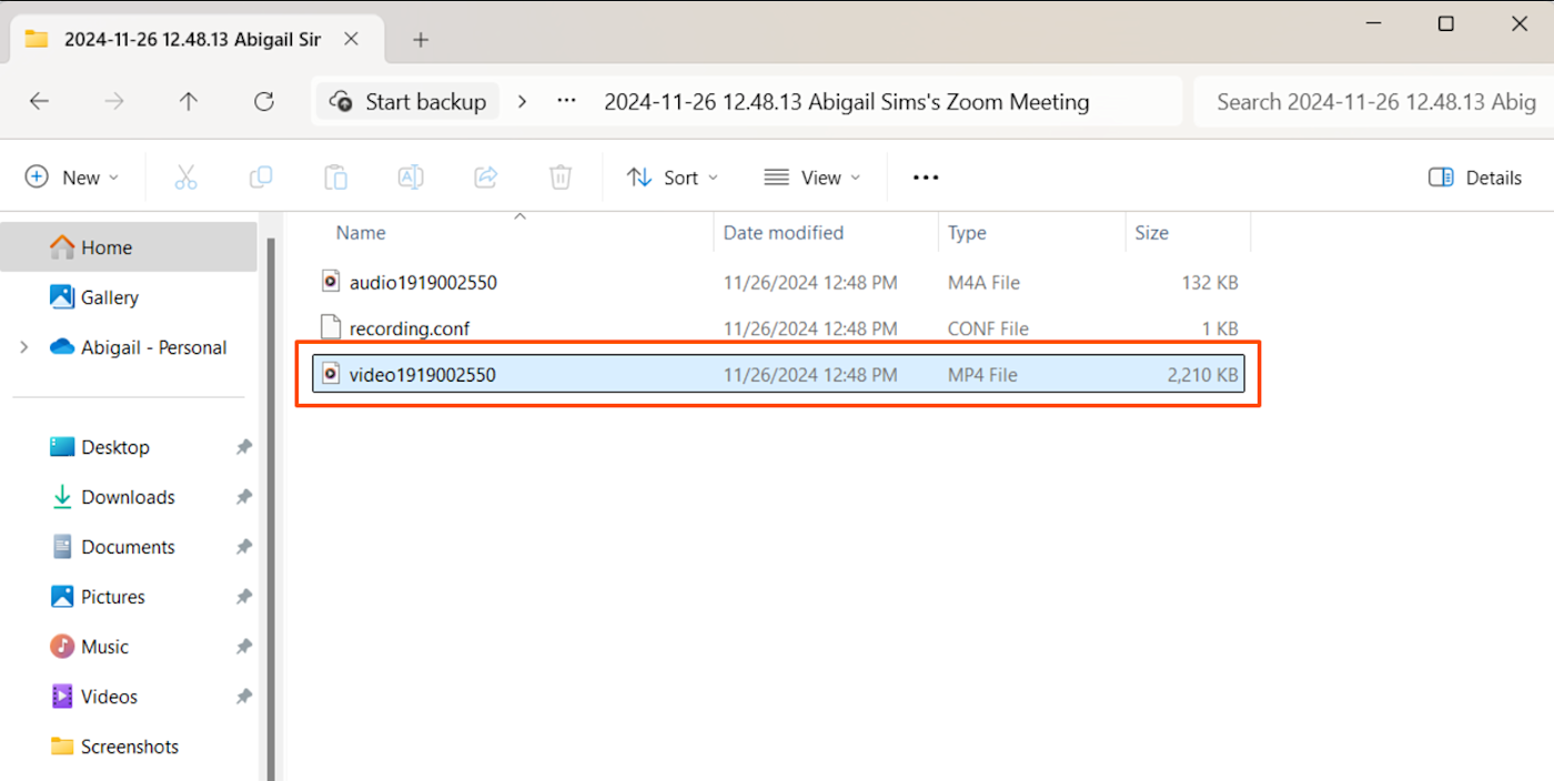 Screenshot of MP4 file in Zoom folder