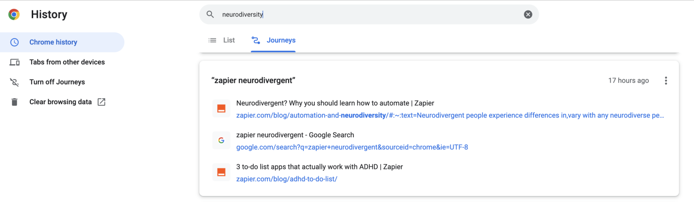 A portion of Journey results for the search term neurodiversity.