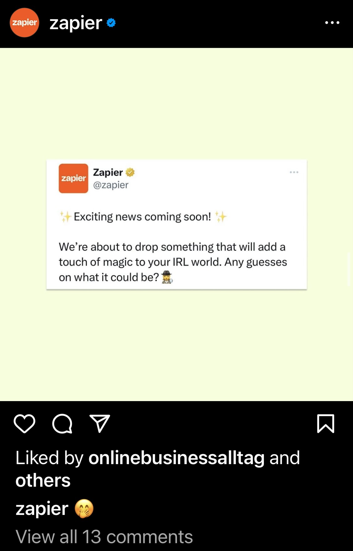 Screenshot of a Zapier Instagram post generating buzz for an upcoming product and reinforce brand community