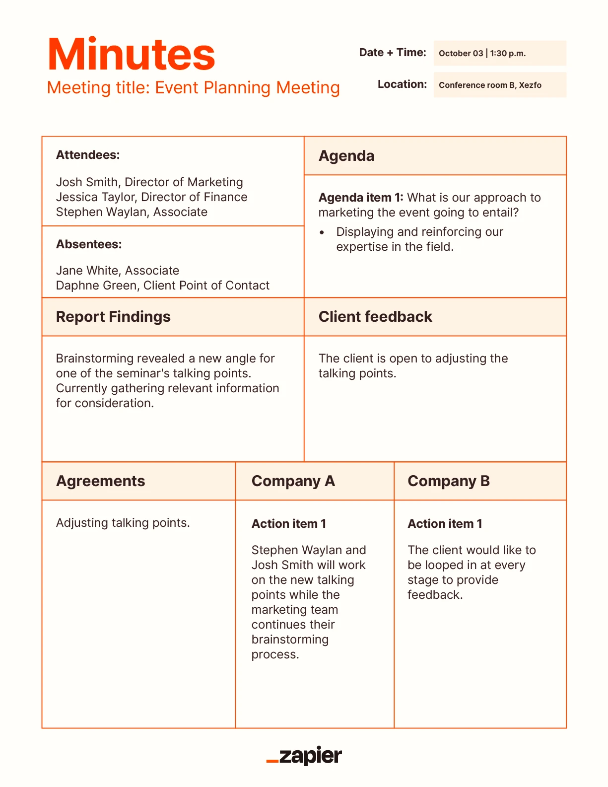 Mockup of a client meeting minutes template.