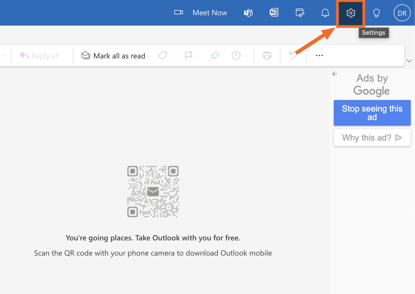 Screenshot of where to find the settings gear icon on Outlook.com