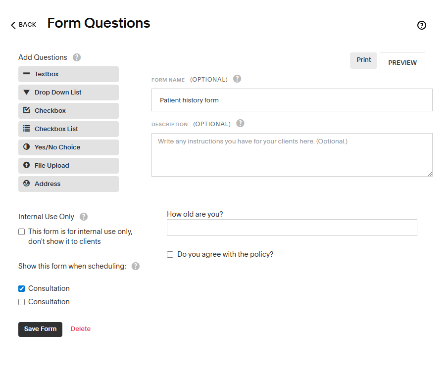 An intake form in Acuity