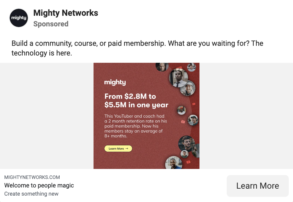 Mighty Networks' Facebook case study ad. 