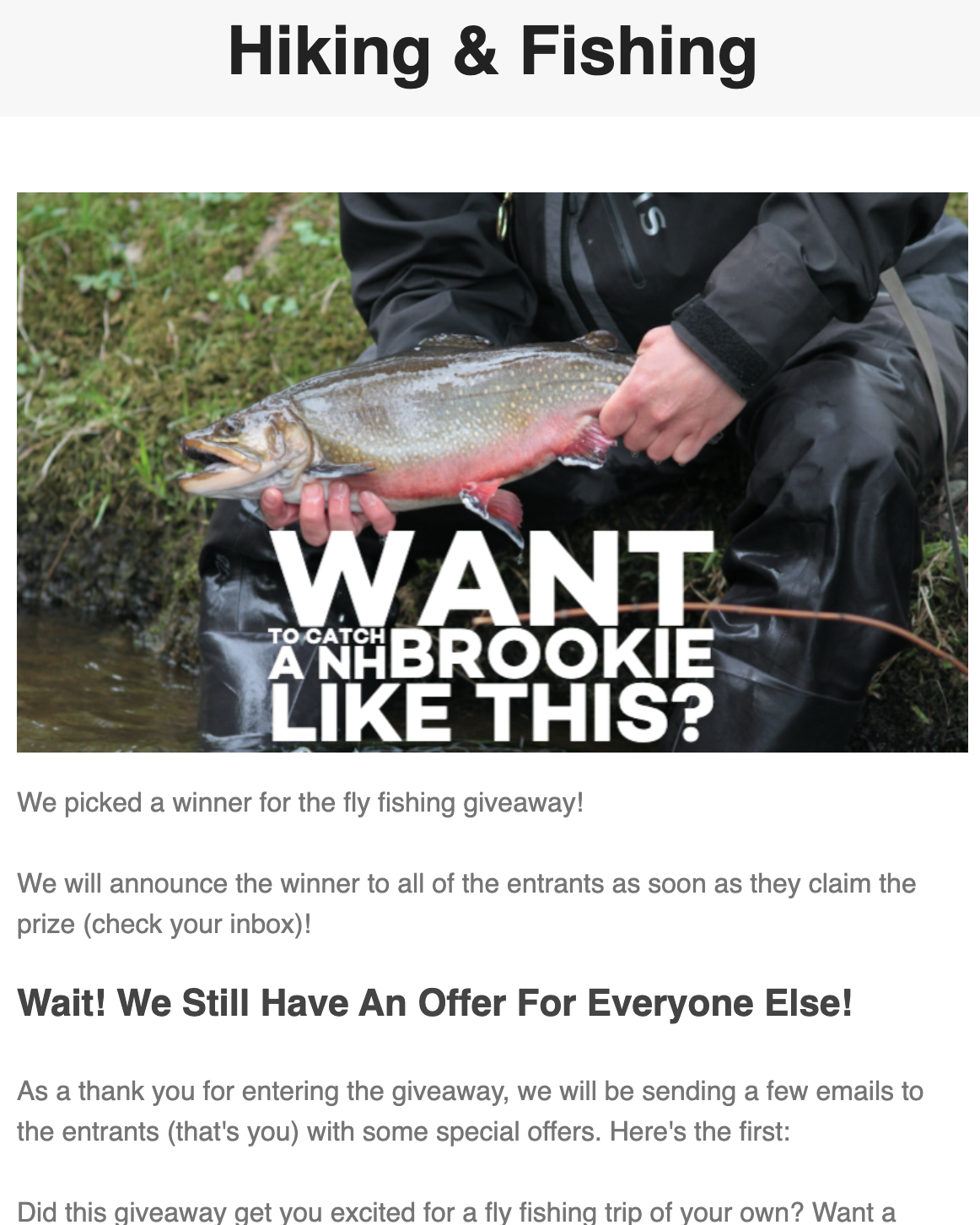 An email showing a header of "Hiking & Fishing," an image with text that reads "Want to catch a NH brookie like this?" and sharing details about an offer for people interested in booking a fly fishing trip.