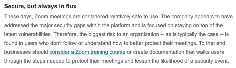 Screenshot of a blurb from Andrew Froehlich, a Cisco network professional, who says Zoom is relatively secure but that users themselves pose the biggest security risk by not following or not understanding how to protect their meetings