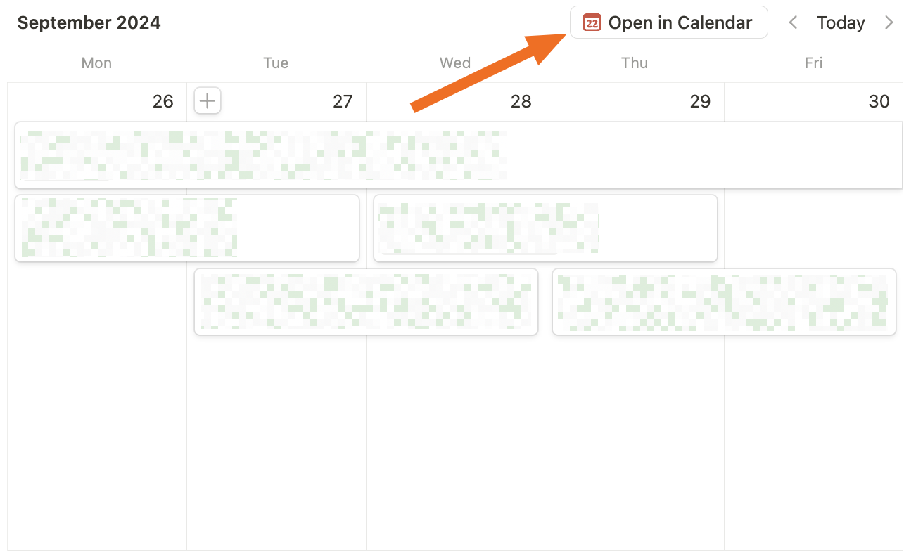 Red arrow pointing to an "Open in Calendar" button in Notion.