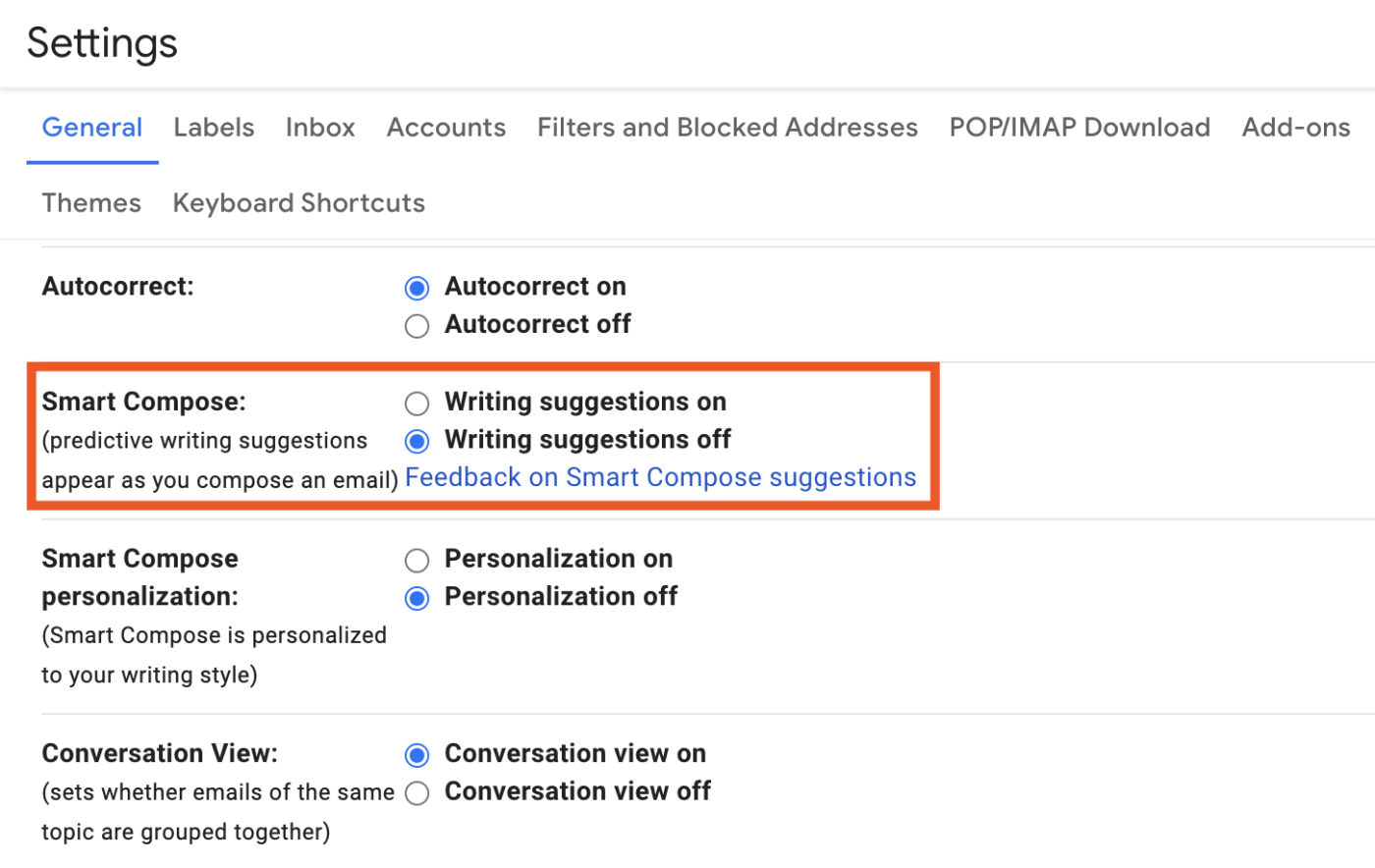 Turning writing suggestions off in Gmail settings
