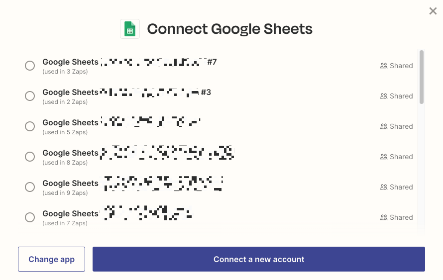 Select an existing Google Sheets connection or connect a new account.