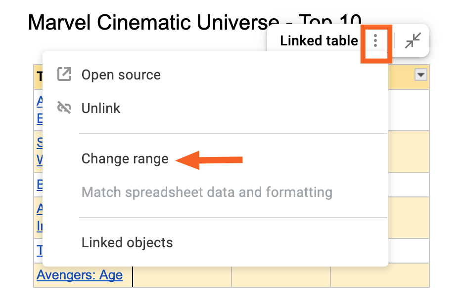 Expanded view of the linked table options dropdown in Google Docs with the option to change range highlighted.
