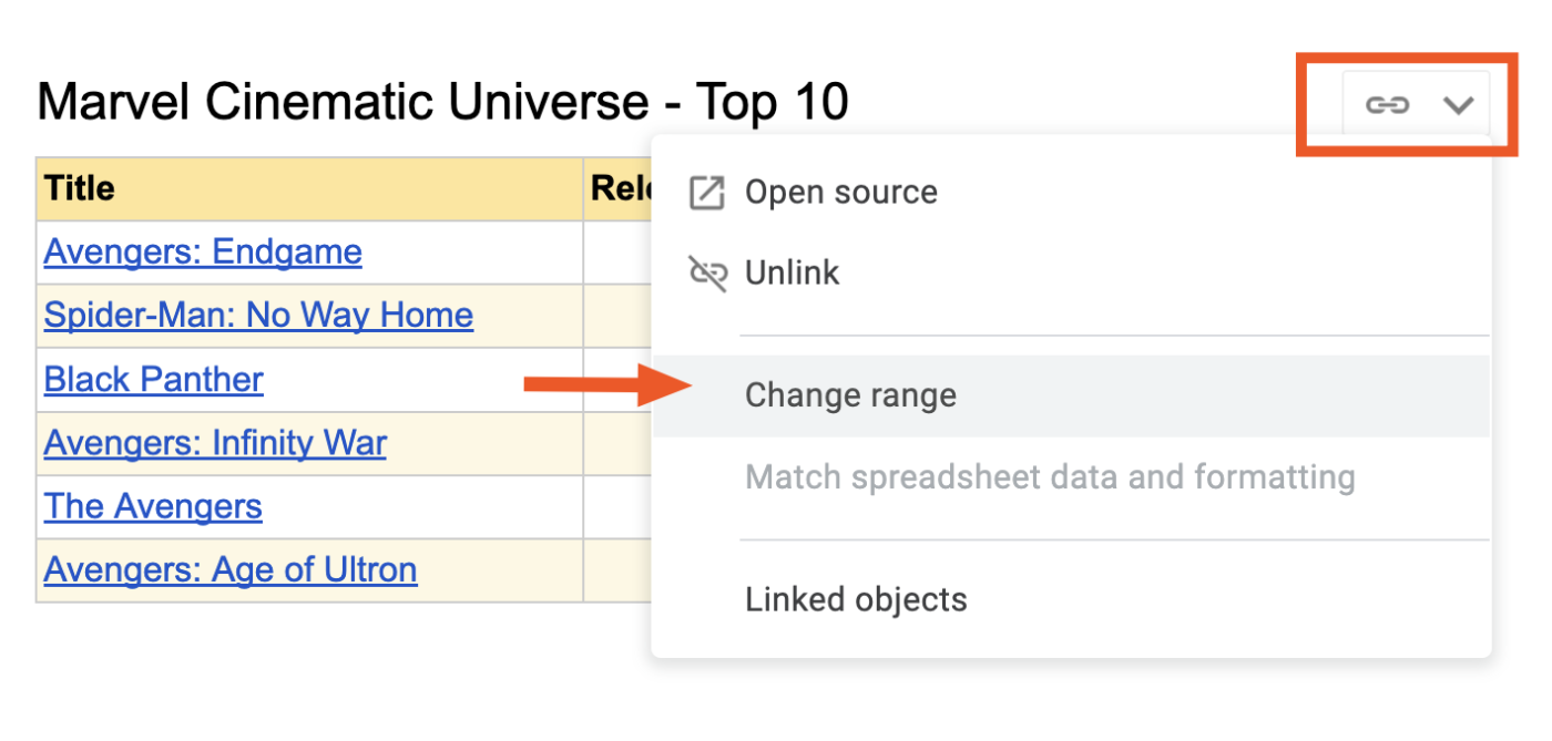 A link icon above a table in Google Docs with a dropdown menu of options. The link icon is highlighted and an arrow points to the option "Change range."