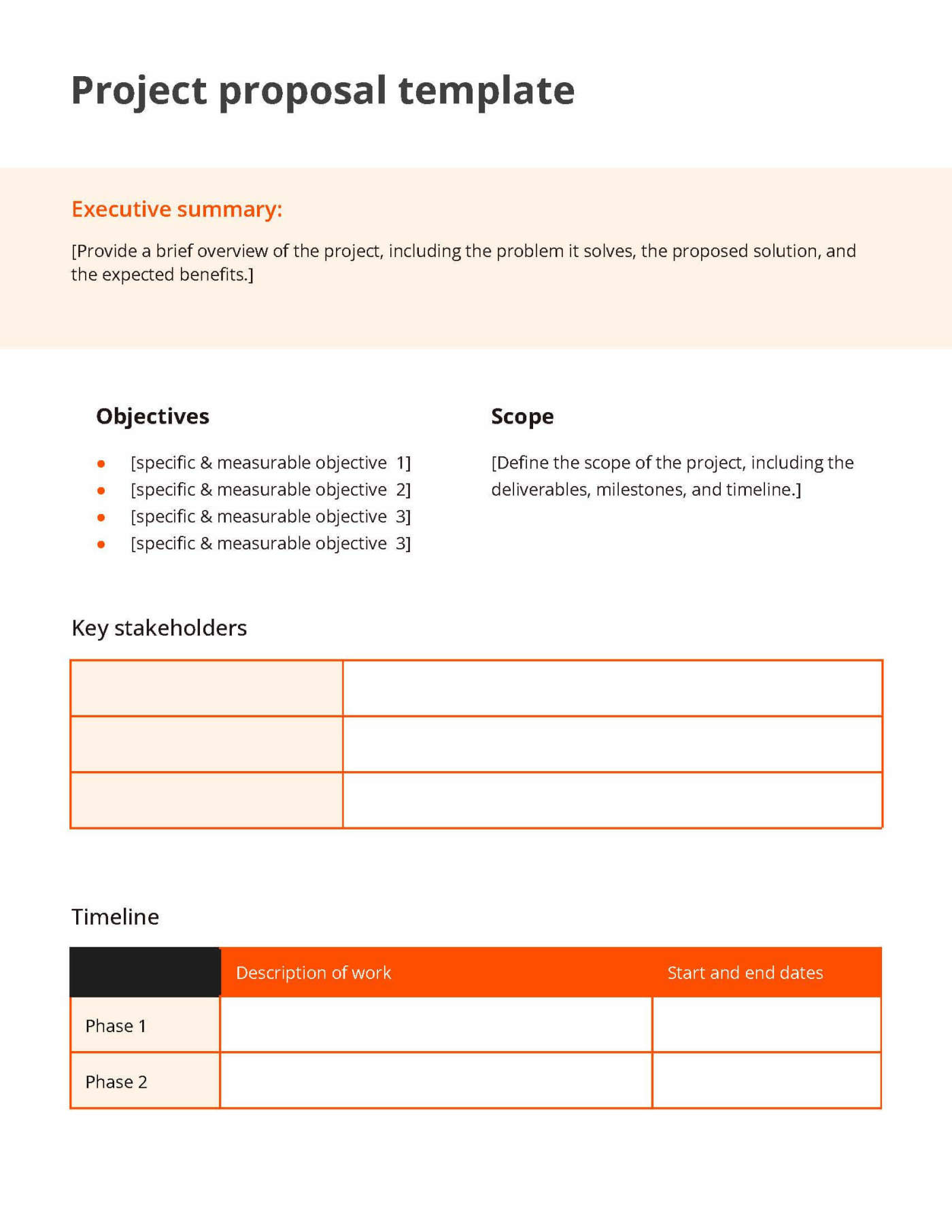 Orange and white project proposal template that outlines the details of a specific project, including an executive summary, objectives, scope, timeline, and costs, submitted for approval or funding