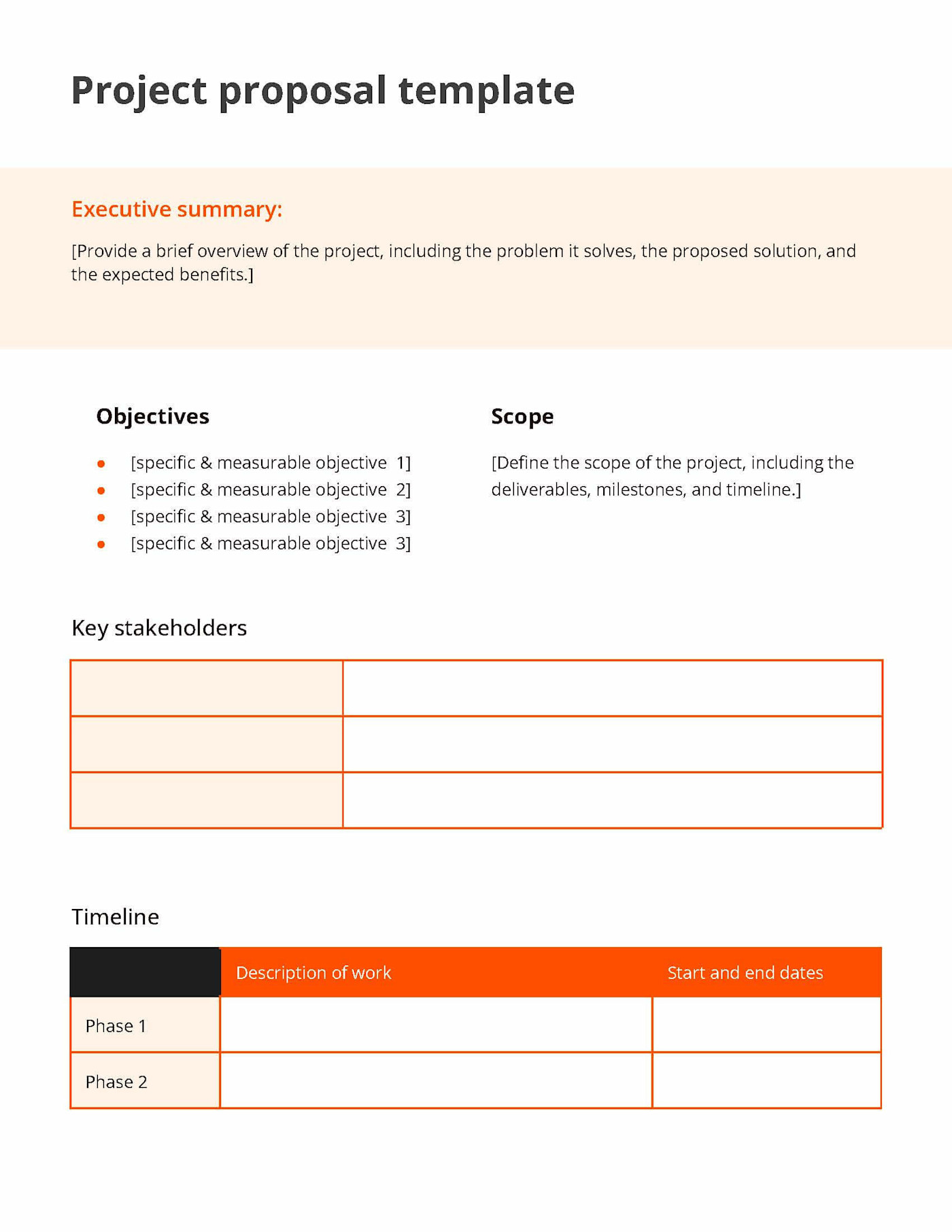 Orange and white project proposal template that outlines the details of a specific project, including an executive summary, objectives, scope, timeline, and costs, submitted for approval or funding