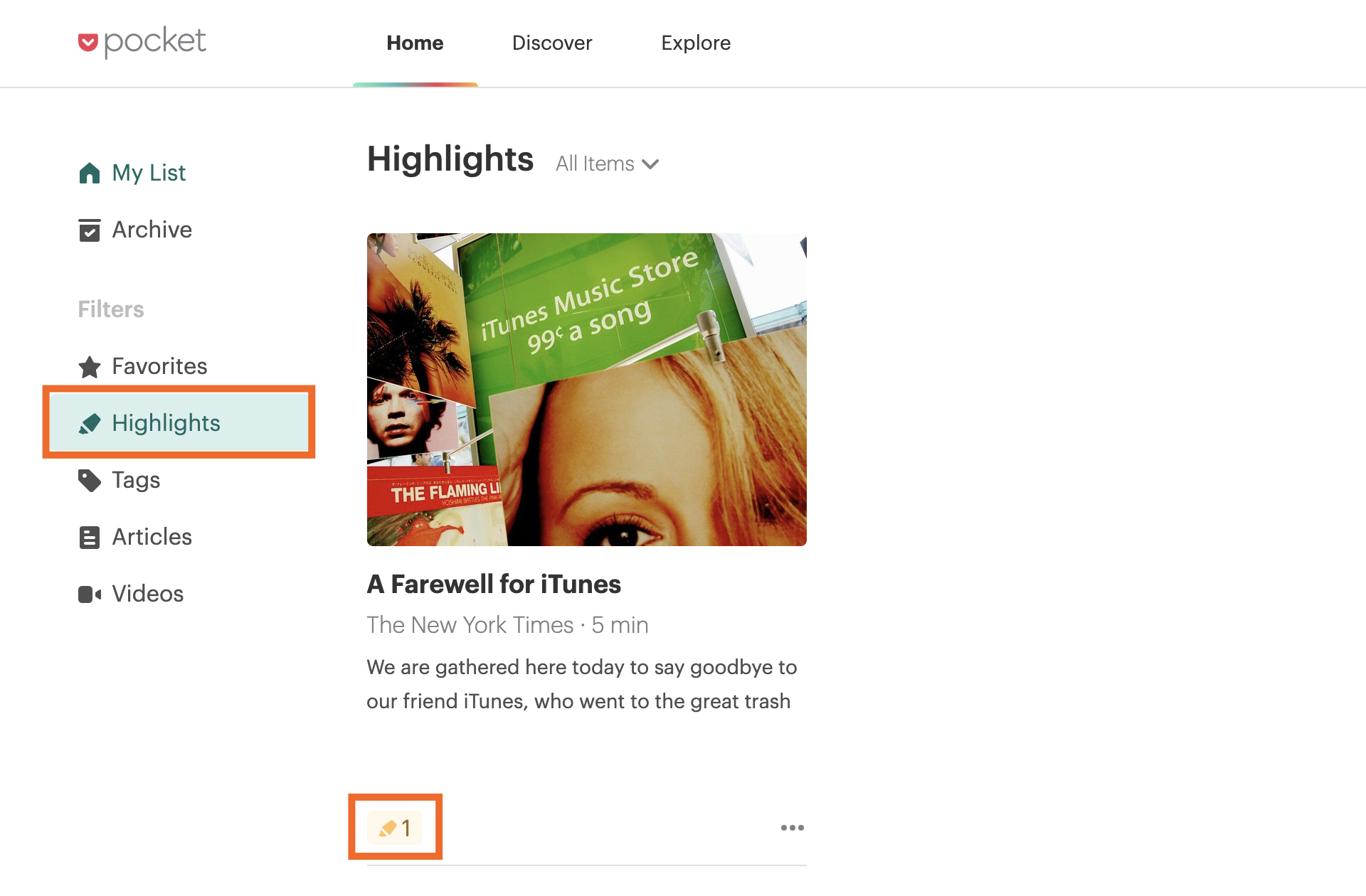 Pocket browse by highlights