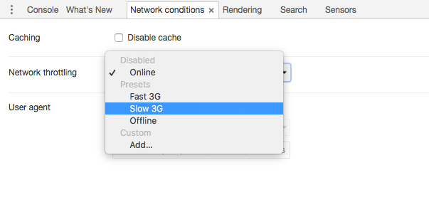 Network settings in Chrome inspect element