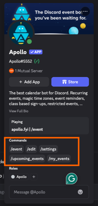 A screenshot shows a suggested list of commands provided by Apollo. 