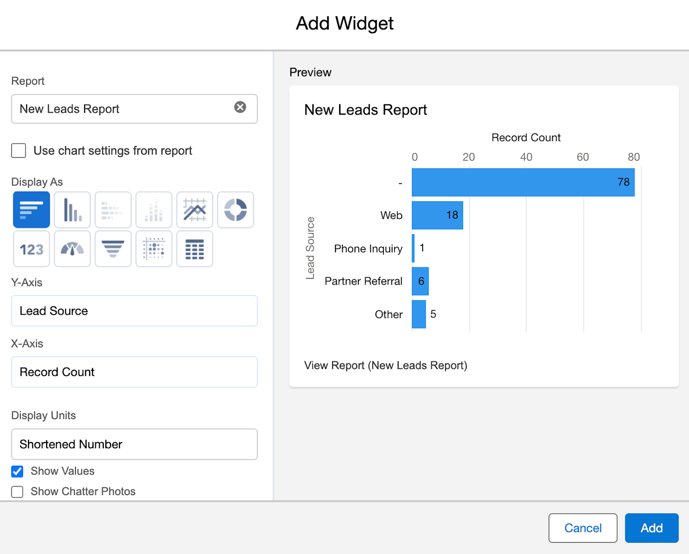 Screenshot of the widget customization screen while creating a Salesforce dashboard.
