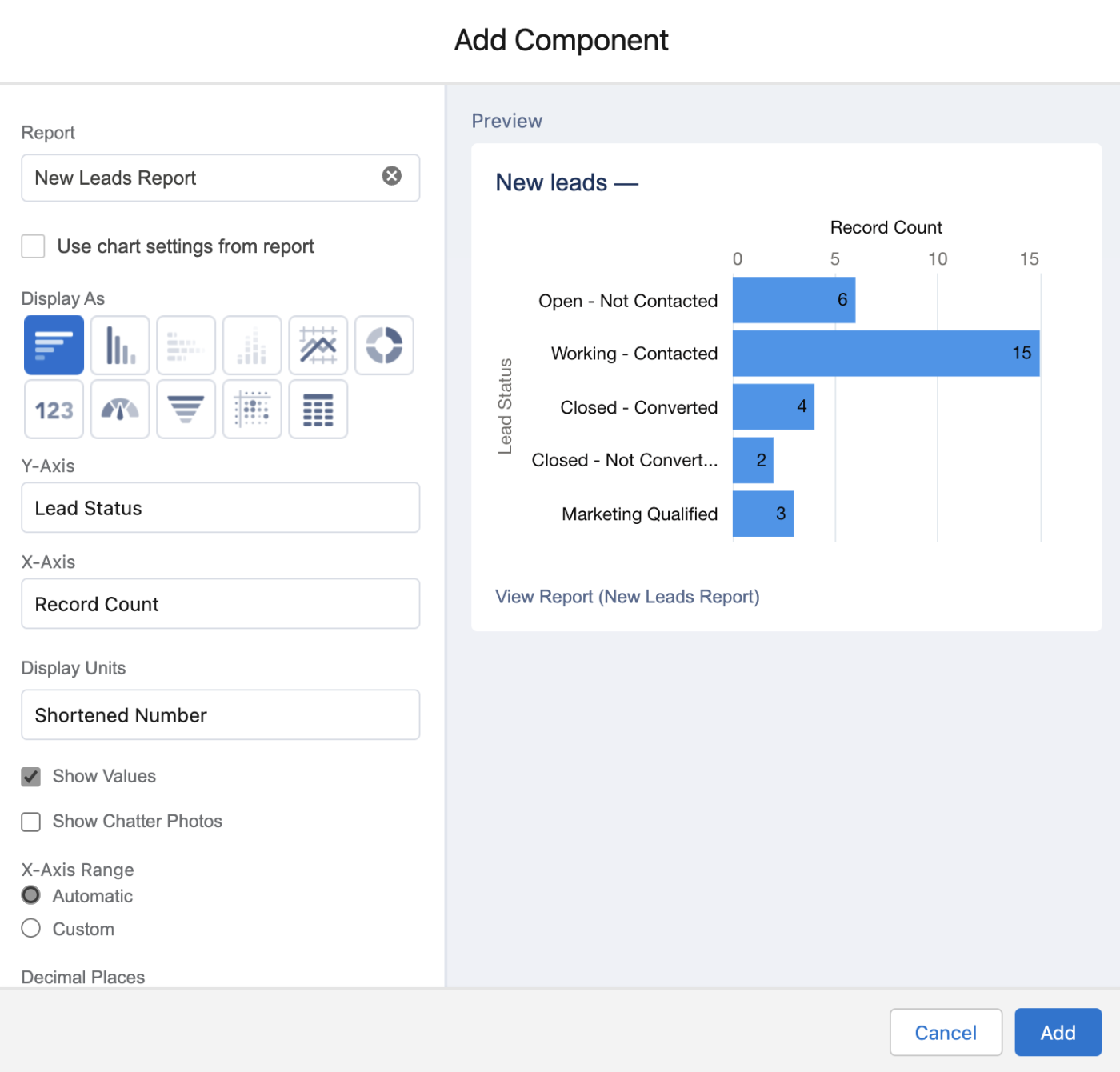 Screenshot of the component customization screen while creating a Salesforce dashboard.