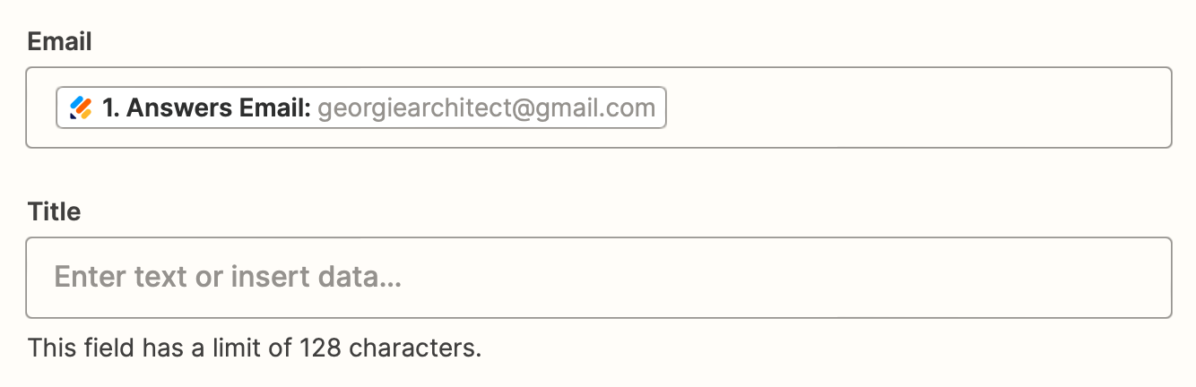 Email and Title fields in the Zap editor.