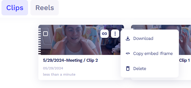 Preview of meeting clips in tldv with an expanded view of the dropdown, which includes an option to download the clip.