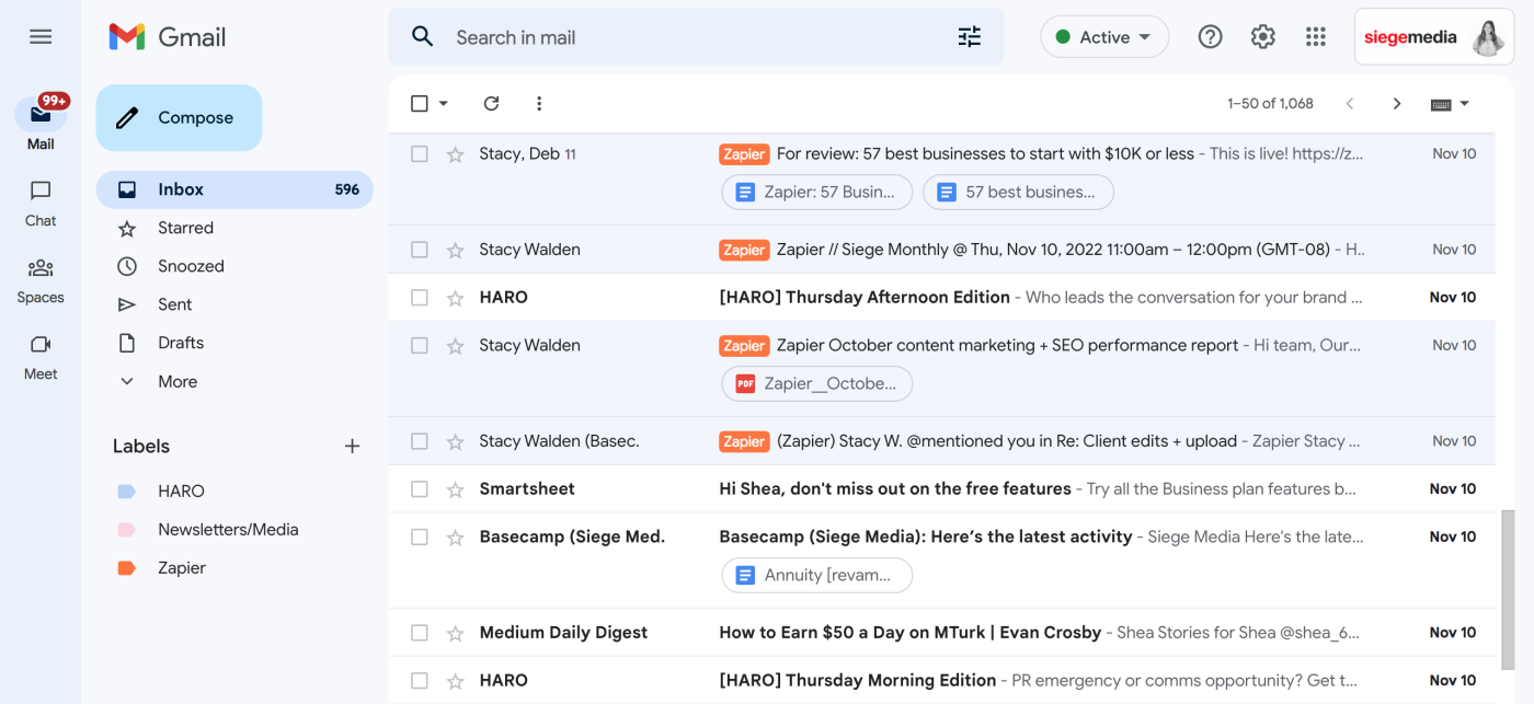 Screenshot of Gmail inbox with certain emails labeled as "Zapier."