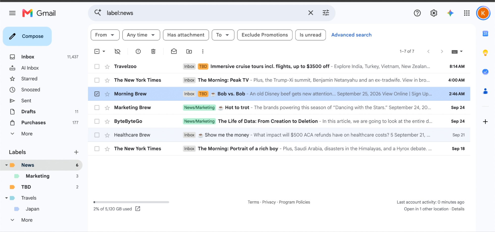 Screenshot of Gmail inbox with certain emails labeled as "Zapier."